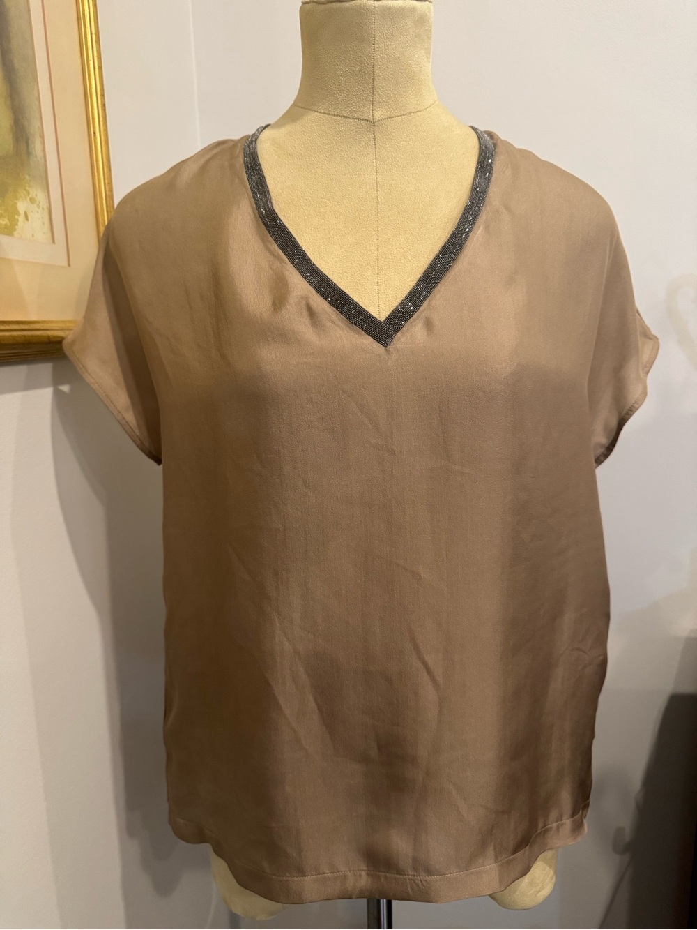 Fabiana Filippi Coffee Brown V-Neck Silk Short Sleeve Women's Top Size 8/EU 40